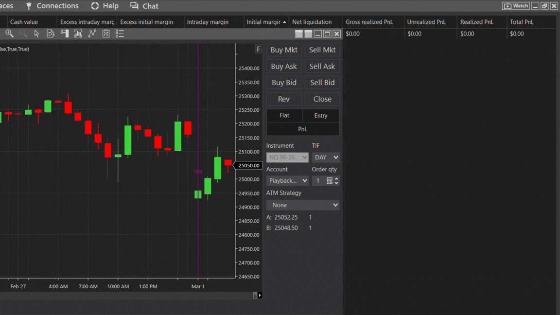 SublimeMRR Gold live playback of March 2026 trade on NinjaTrader showing automated long entry and profit quota exit on NQ futures